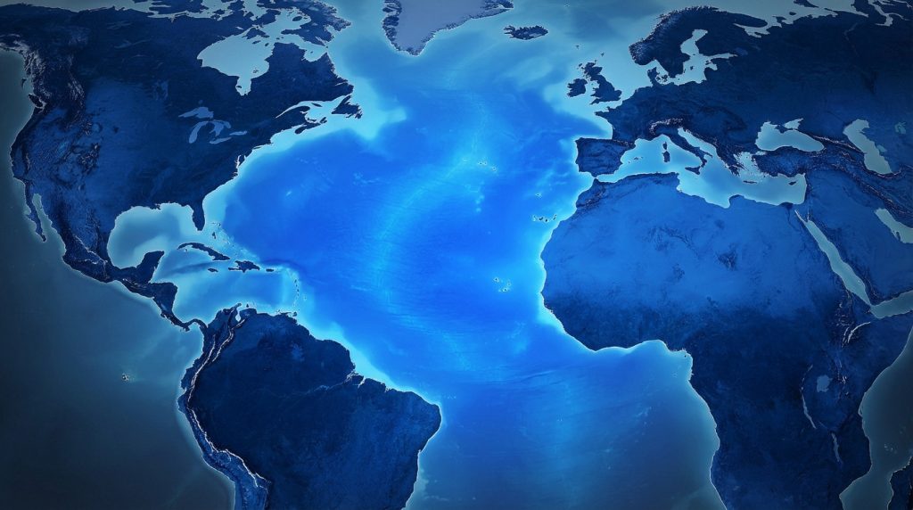 Carte illustrant la position de l'océan Atlantique entre l'Amérique, l'Europe et l'Afrique