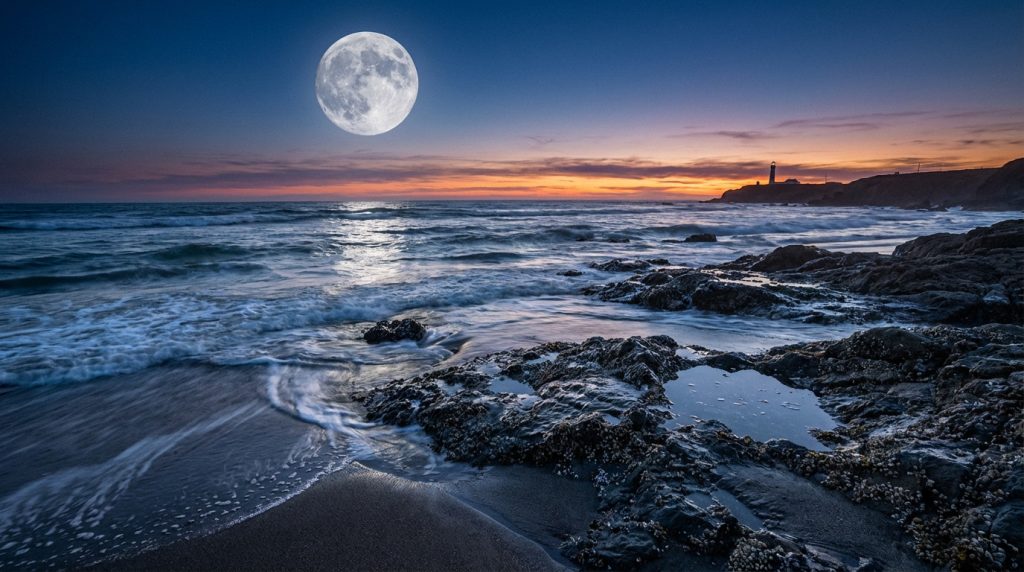 Marées océaniques illustrant l'attraction gravitationnelle de la Lune sur l'eau