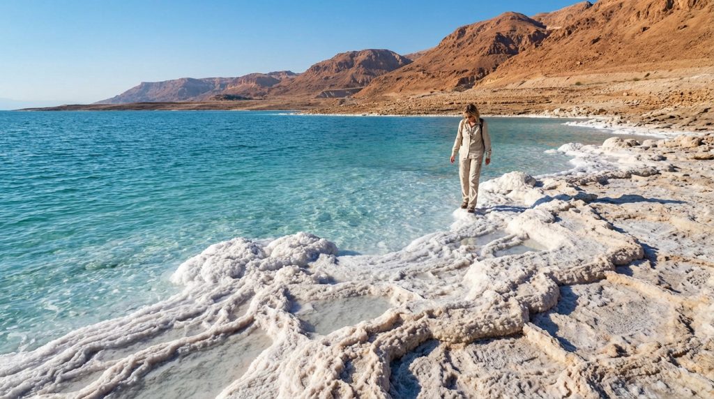 Flottabilité trompeuse de la Mer Morte avec ses rives instables et salines