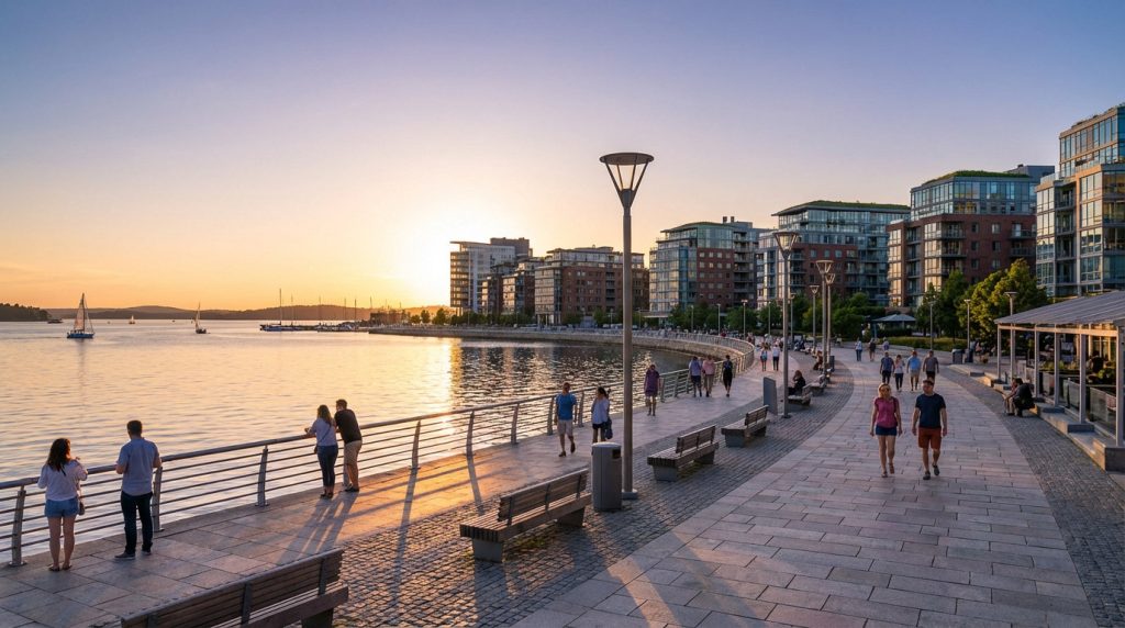 Promenade piétonne sur le front de mer à La Rochelle, illustrant l'urbanisme littoral