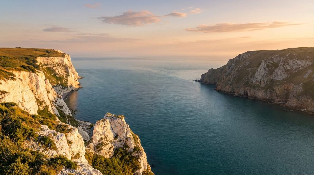 Vue panoramique de la Manche, illustrant ses frontières maritimes entre l'Atlantique et la mer du Nord