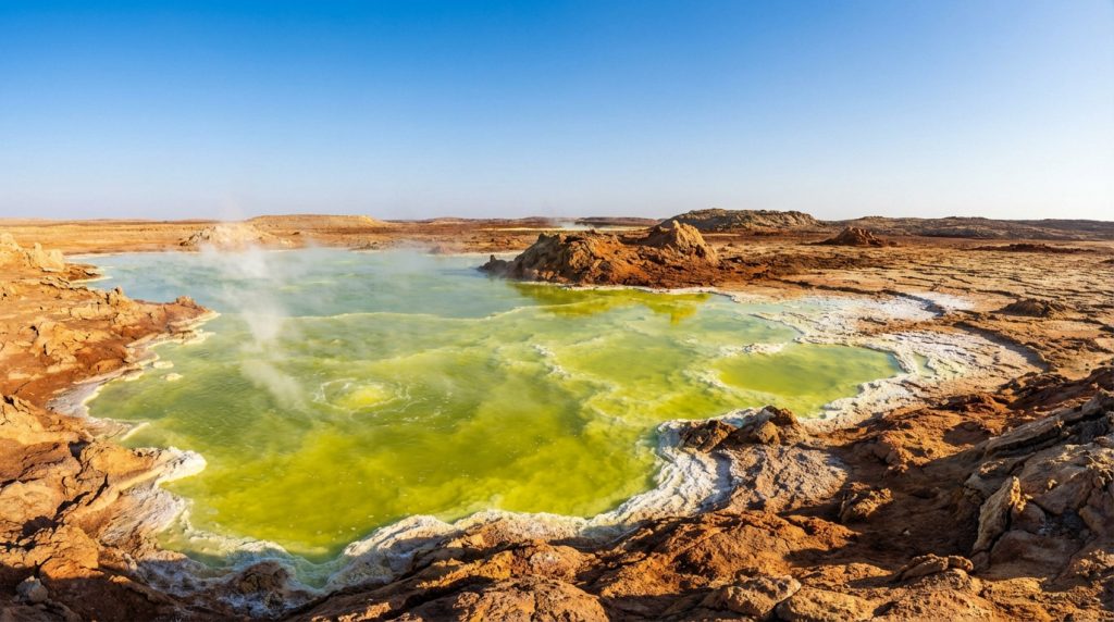 Lac Gaet'ale en Éthiopie, le plan d'eau le plus salé au monde avec 433 grammes de sel par kilogramme d'eau.