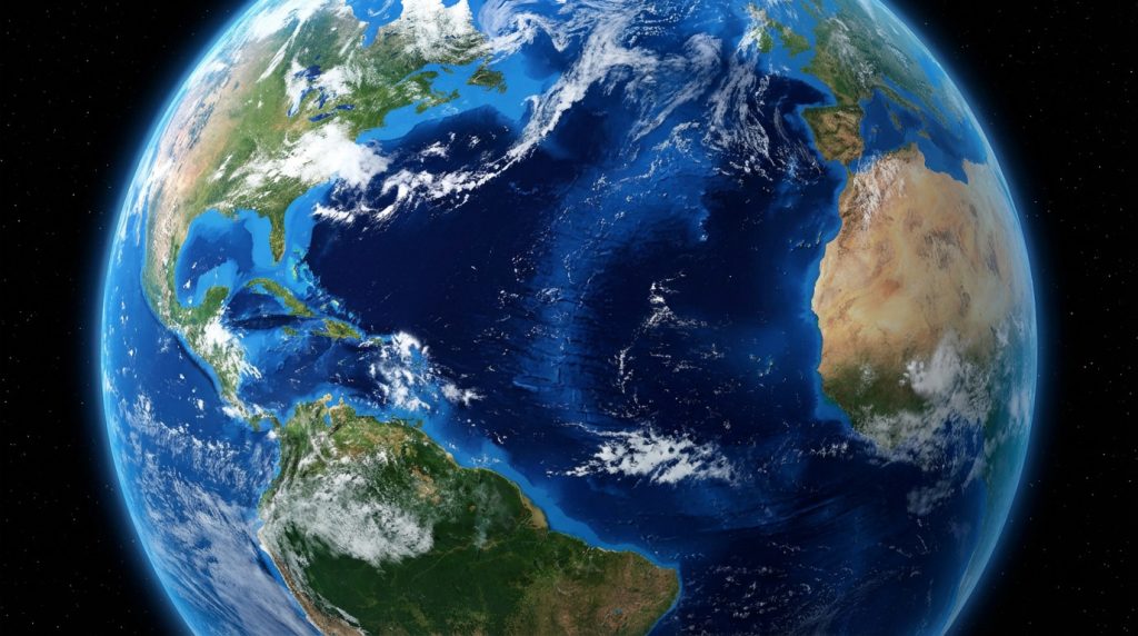 Vue aérienne de l'océan mondial interconnecté, illustrant la continuité des eaux sur Terre