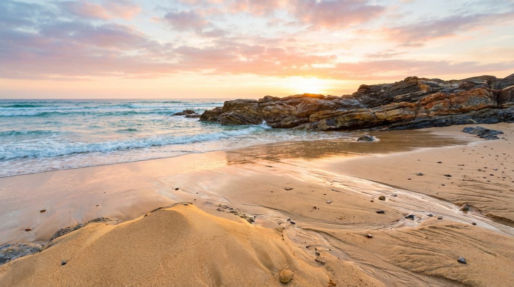 Plage écotone avec sable et vagues illustrant la dynamique entre terre et océan