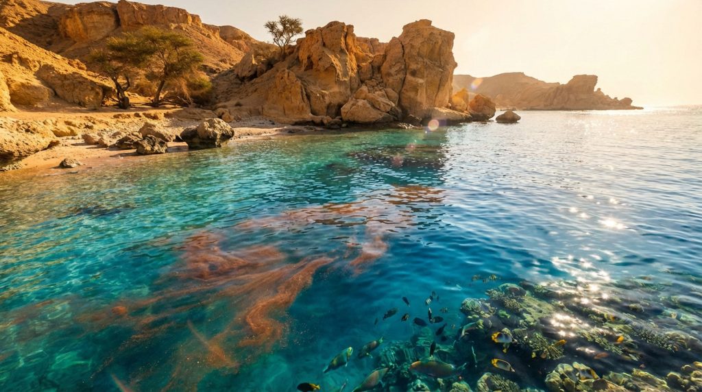 Vue panoramique de la mer Rouge avec des eaux azurées et un ciel ensoleillé, illustrant le phénomène des cyanobactéries.