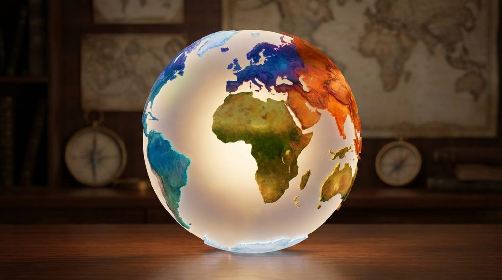 Carte du monde montrant les 6 continents selon le modèle francophone, incluant l'Amérique unifiée